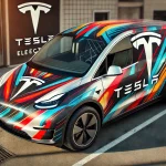 DALL·E 2024-09-23 10.35.11 - A Tesla van completely covered in vinyl graphics. The van has sleek, modern lines typical of Tesla's design, and the vinyl wrap showcases vibrant, fut